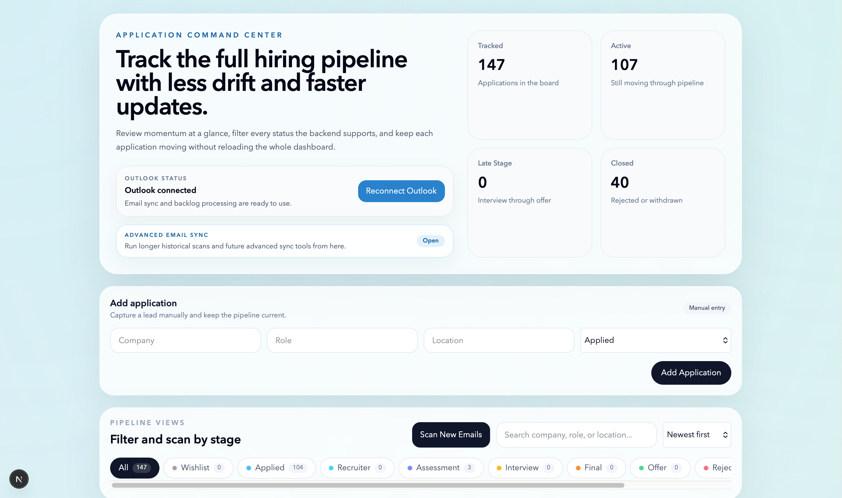 Email tracker dashboard with connected Outlook status, pipeline counts, and stage filters.